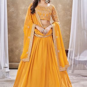 Yellow Faux Georgette Lehenga Choli In Plain