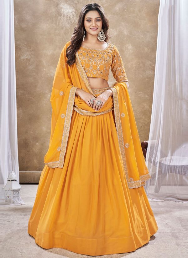 Yellow Faux Georgette Lehenga Choli In Plain
