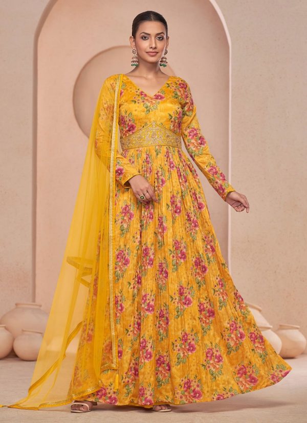 Yellow Net Designer Gown with Hand and Print Work for Ceremonial