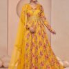 Yellow Net Designer Gown with Hand and Print Work for Ceremonial