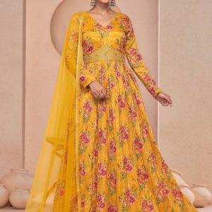 Yellow Net Designer Gown with Hand and Print Work for Ceremonial