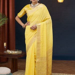 Yellow Pure Georgette Trendy Saree with Zari Work for Ceremonial