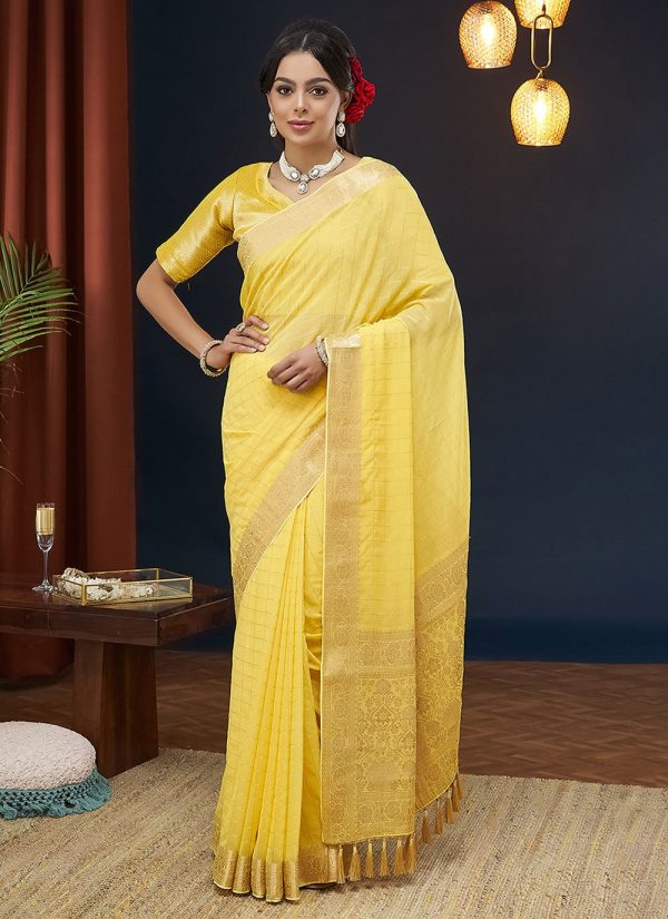 Yellow Pure Georgette Trendy Saree with Zari Work for Ceremonial