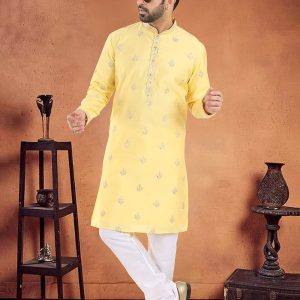 Yellow Silk Embroidered, Sequins and Thread Work Kurta Pyjama for Ceremonial