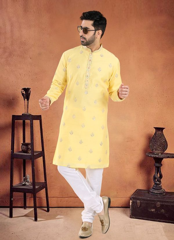 Yellow Silk Embroidered, Sequins and Thread Work Kurta Pyjama for Ceremonial