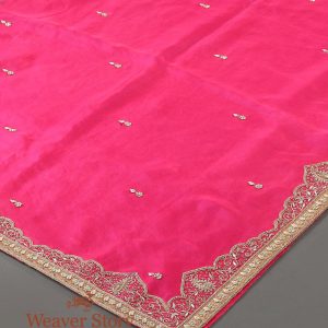 Vibrant Hot Pink Zardozi Work Dupatta with intricate zardozi embroidery and a Mughal-inspired border. Perfect for weddings and festive occasions. A blend of luxury and traditional elegance.