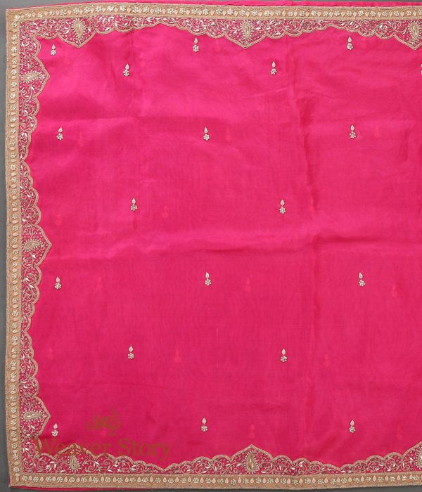 Vibrant Hot Pink Zardozi Work Dupatta with intricate zardozi embroidery and a Mughal-inspired border. Perfect for weddings and festive occasions. A blend of luxury and traditional elegance.