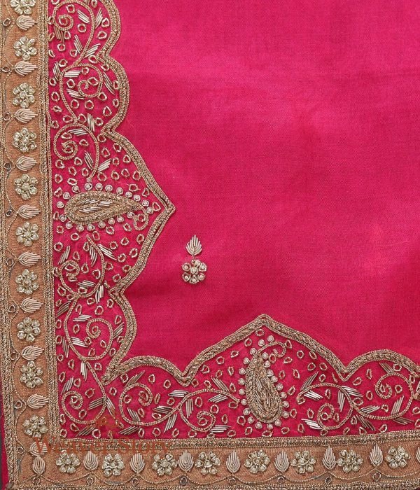 Vibrant Hot Pink Zardozi Work Dupatta with intricate zardozi embroidery and a Mughal-inspired border. Perfect for weddings and festive occasions. A blend of luxury and traditional elegance.