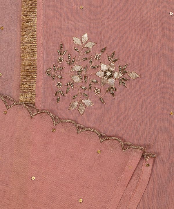 Add elegance to your look with our Pink Silk Dupatta featuring intricate gota patti work and a sheer organza border. Perfect for festive occasions. by couturecraze