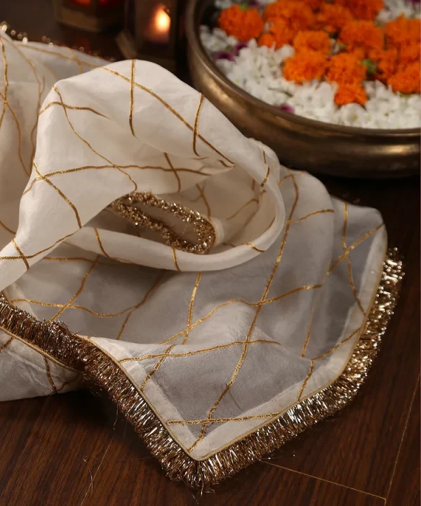 Elevate your ethnic look with our White Organza Dupatta featuring exquisite gota work. Perfect for weddings and festive occasions, this elegant piece adds sophistication to any outfit couturecraze .