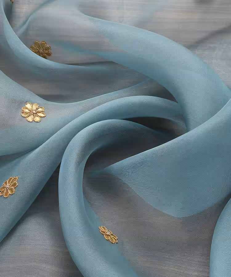 Elegant Sea Blue Handloom Organza Dupatta with Gota Patti Work – A beautifully crafted traditional dupatta with intricate gota patti embroidery on a soft organza base. Perfect for weddings, festive occasions, and traditional wear, this dupatta combines luxury with timeless charm. Sea Blue Handloom Zardozi Organza Dupatta