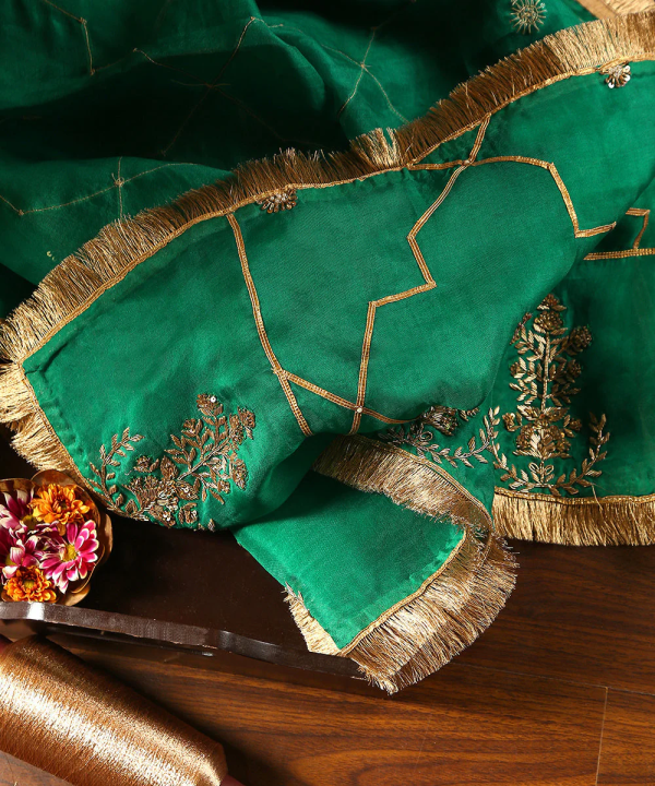Verdian Green Handloom Organza Dupatta with Hand Embroidered Gota & Zardozi Work with couturecraze. Handmade in India. Elegant traditional attire, priced at ₹15,999. Perfect for festive occasions.