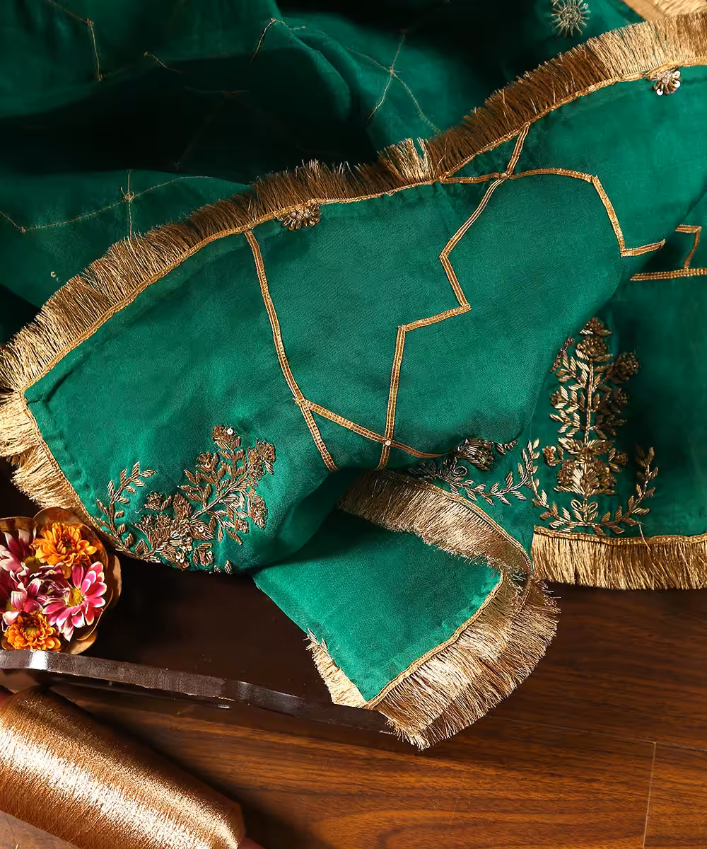 Verdian Green Handloom Organza Dupatta with Hand Embroidered Gota & Zardozi Work with couturecraze. Handmade in India. Elegant traditional attire, priced at ₹15,999. Perfect for festive occasions.