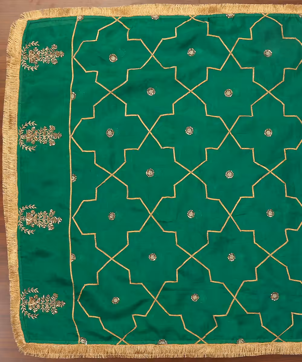 Verdian Green Handloom Organza Dupatta with Hand Embroidered Gota & Zardozi Work with couturecraze. Handmade in India. Elegant traditional attire, priced at ₹15,999. Perfect for festive occasions.