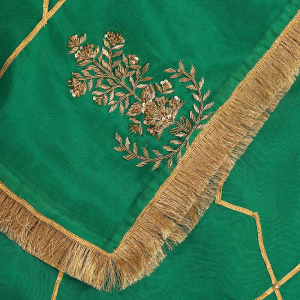 Verdian Green Handloom Organza Dupatta with Hand Embroidered Gota & Zardozi Work with couturecraze. Handmade in India. Elegant traditional attire, priced at ₹15,999. Perfect for festive occasions.