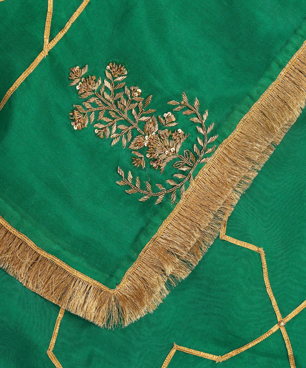Verdian Green Handloom Organza Dupatta with Hand Embroidered Gota & Zardozi Work with couturecraze. Handmade in India. Elegant traditional attire, priced at ₹15,999. Perfect for festive occasions.