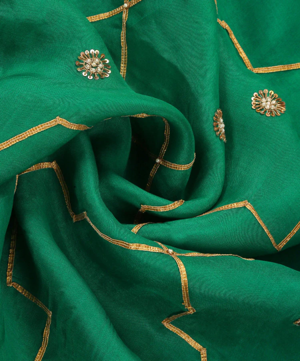 Verdian Green Handloom Organza Dupatta with Hand Embroidered Gota & Zardozi Work with couturecraze. Handmade in India. Elegant traditional attire, priced at ₹15,999. Perfect for festive occasions.