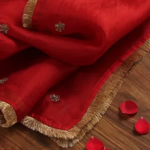 Red Handloom Organza Dupatta with Hand Embroidered Zardozi Motifs and HandCrafted