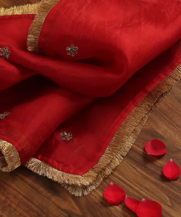 Red Handloom Organza Dupatta with Hand Embroidered Zardozi Motifs and HandCrafted