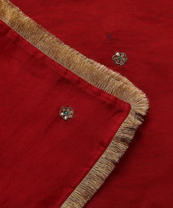 Red Handloom Organza Dupatta with Hand Embroidered Zardozi Motifs and HandCrafted couturecraze