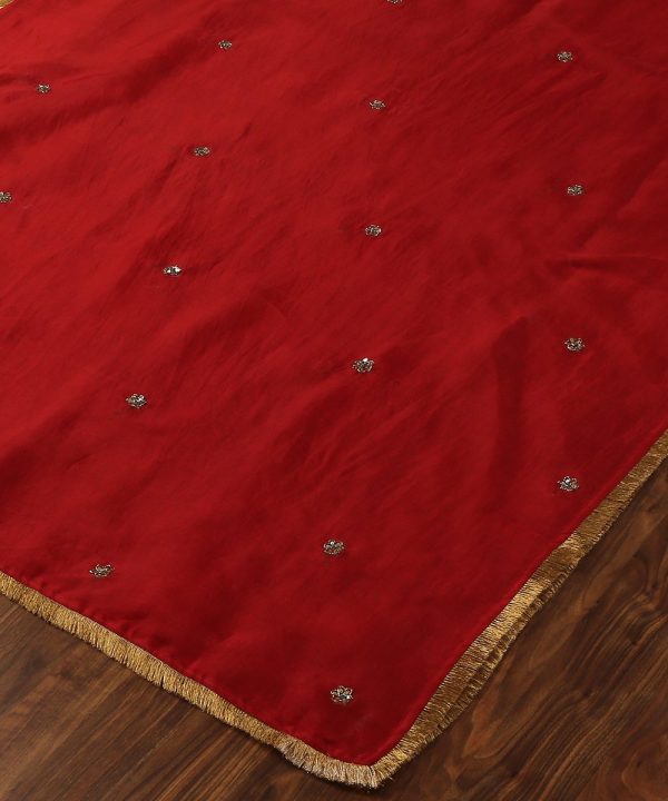 Elegant Red Handloom Organza Dupatta with intricate zardozi hand embroidery by CoutureCraze. Perfect for festive and wedding occasions. A luxurious blend of tradition and beauty.
