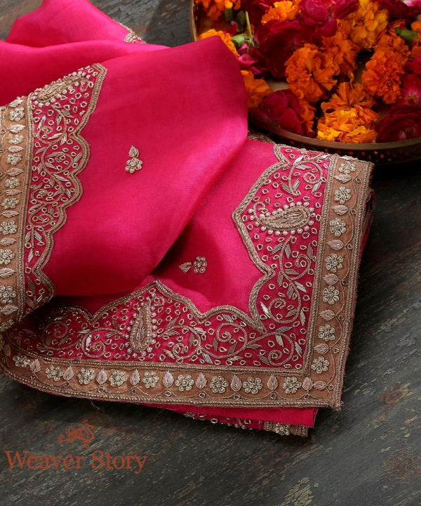 Vibrant Hot Pink Zardozi Work Dupatta with intricate zardozi embroidery and a Mughal-inspired border. Perfect for weddings and festive occasions. A blend of luxury and traditional elegance.