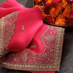 Vibrant Hot Pink Zardozi Work Dupatta with intricate zardozi embroidery and a Mughal-inspired border. Perfect for weddings and festive occasions. A blend of luxury and traditional elegance.