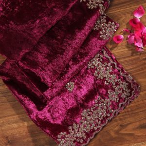 Exquisite Plum Velvet Dupatta with intricate zardozi hand embroidery. Perfect for weddings and festive events. A luxurious blend of traditional elegance and artistry.