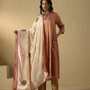 Off-White Hand Embroidered Zardozi Silk Velvet Doshala With Contrast Chanderi Tissue Border couturecraze