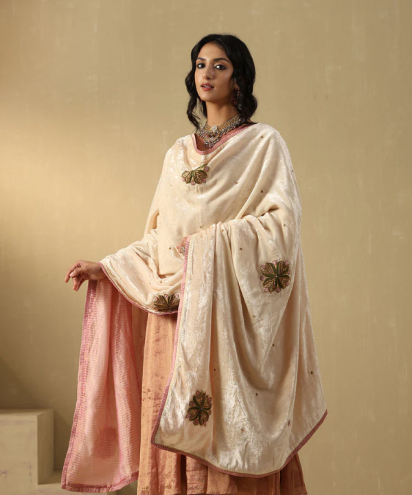 Off-White Hand Embroidered Zardozi Silk Velvet Doshala With Contrast Chanderi Tissue Border couturecraze