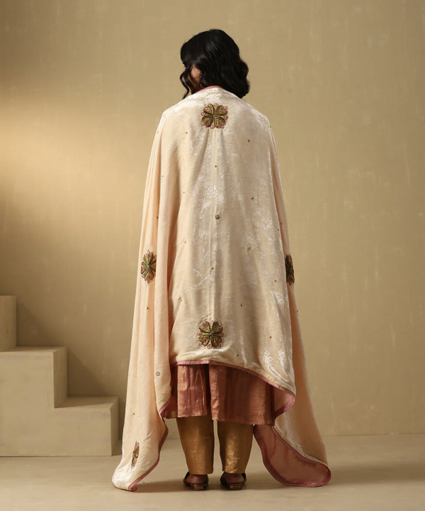 Off-White Hand Embroidered Zardozi Silk Velvet Doshala With Contrast Chanderi Tissue Border couturecraze