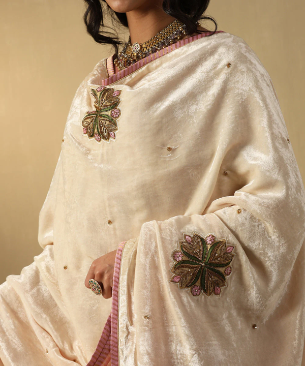 Off-White Hand Embroidered Zardozi Silk Velvet Doshala With Contrast Chanderi Tissue Border couturecraze