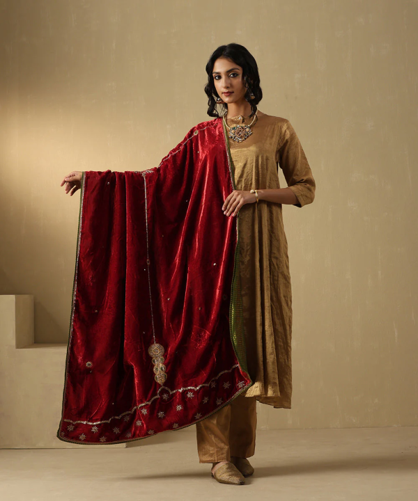 Red And Maroon Hand Embroidered Zardozi Silk Velvet Doshala couturecraze