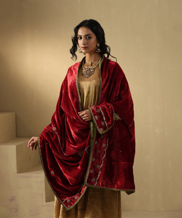 Red And Maroon Hand Embroidered Zardozi Silk Velvet Doshala couturecraze