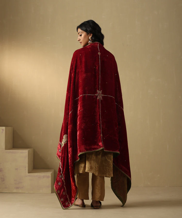 Red And Maroon Hand Embroidered Zardozi Silk Velvet Doshala couturecraze