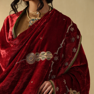 Red And Maroon Hand Embroidered Zardozi Silk Velvet Doshala couturecraze