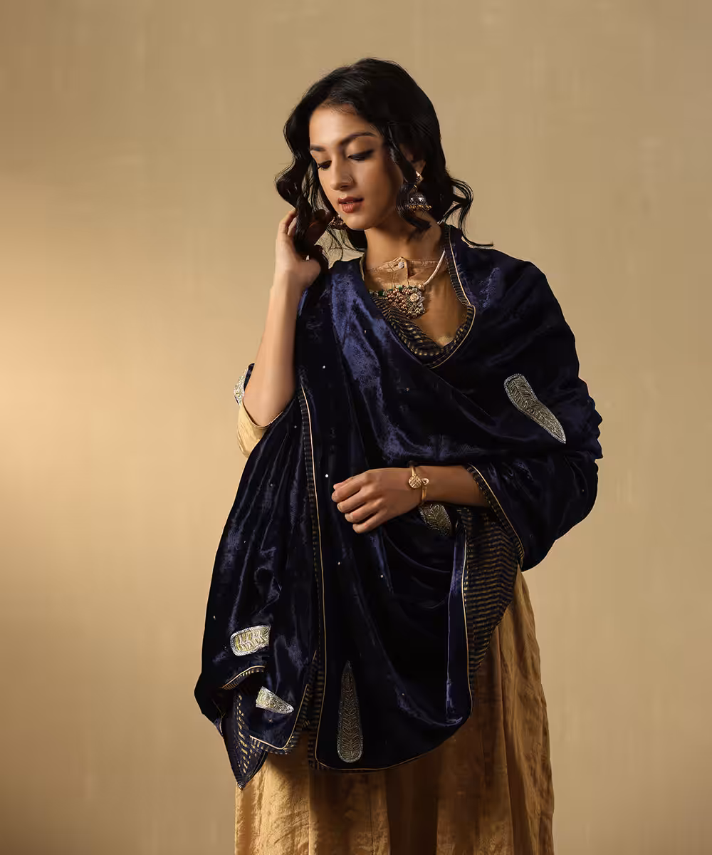 Navy Blue Velvet Doshala with zardozi embroidery and Chanderi tissue border. Luxurious, elegant, and perfect for weddings or festive events. A timeless statement piece.