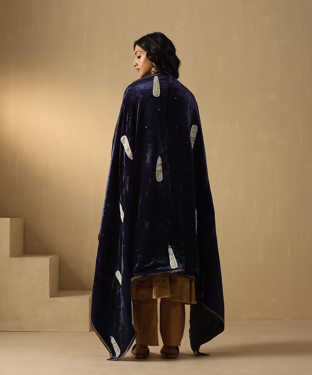 Navy Blue Velvet Doshala with zardozi embroidery and Chanderi tissue border. Luxurious, elegant, and perfect for weddings or festive events. A timeless statement piece.