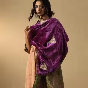 Elegant Purple Mauve Velvet Doshala with zardozi embroidery and contrast Chanderi tissue border. Perfect for festive occasions and weddings, blending tradition with sophistication.