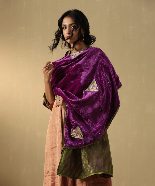 Elegant Purple Mauve Velvet Doshala with zardozi embroidery and contrast Chanderi tissue border. Perfect for festive occasions and weddings, blending tradition with sophistication.
