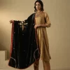 Exquisite Black Hand-Embroidered Zardozi Silk Velvet Doshala by CoutureCraze, featuring a contrast Chanderi tissue border. Perfect for adding elegance to your festive attire.