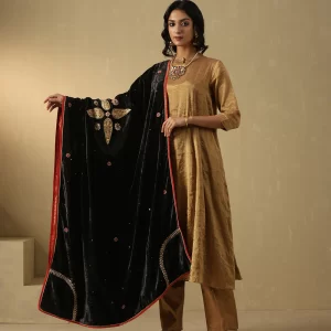 Exquisite Black Hand-Embroidered Zardozi Silk Velvet Doshala by CoutureCraze, featuring a contrast Chanderi tissue border. Perfect for adding elegance to your festive attire.
