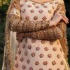 Closeup of golden embroidery and sleeve detail on blush pink CoutureCraze lehenga