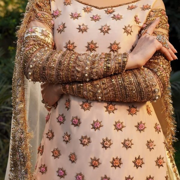 Closeup of golden embroidery and sleeve detail on blush pink CoutureCraze lehenga