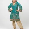 Teal ethnic dress with gold floral embroidery and matching pants, CoutureCraze 2025.
