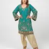 Teal ethnic dress with gold floral embroidery and matching pants, CoutureCraze 2025.