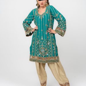 Teal ethnic dress with gold floral embroidery and matching pants, CoutureCraze 2025.