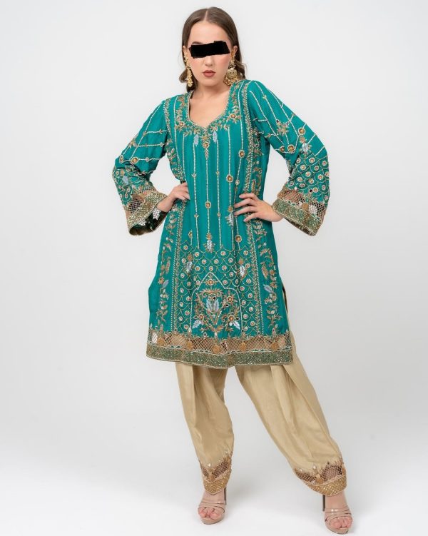 Teal ethnic dress with gold floral embroidery and matching pants, CoutureCraze 2025.