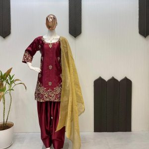 Full front: Luxury maroon ethnic dress with gold and silver embroidery and straight fit, CoutureCraze 2025.