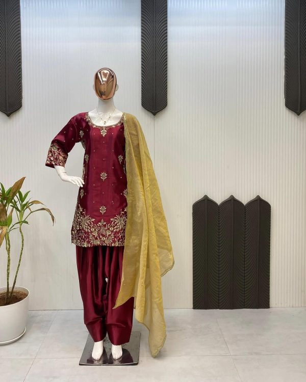 Full front: Luxury maroon ethnic dress with gold and silver embroidery and straight fit, CoutureCraze 2025.